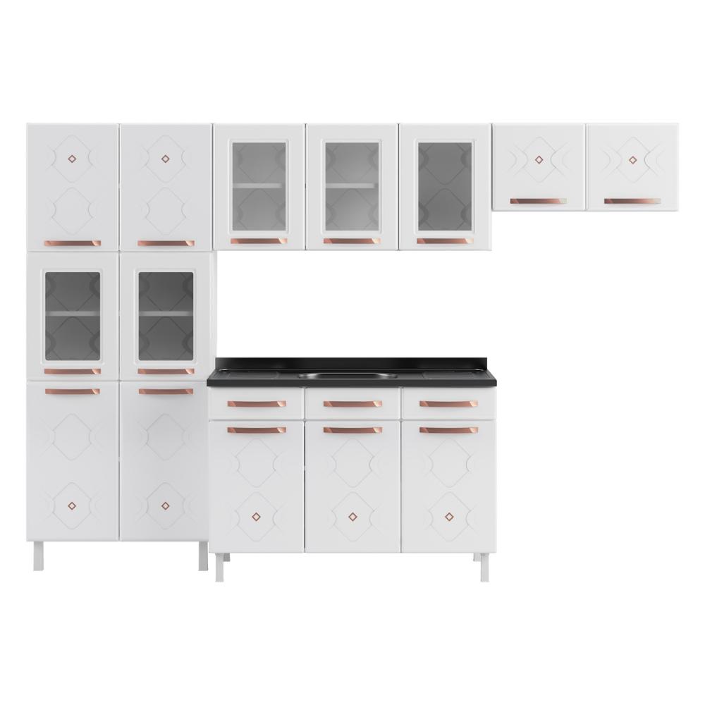 Cozinha Completa Modulada de Aço 4 Peças com Vidros e Gabinete Pia Multimóveis CR20351 Branco