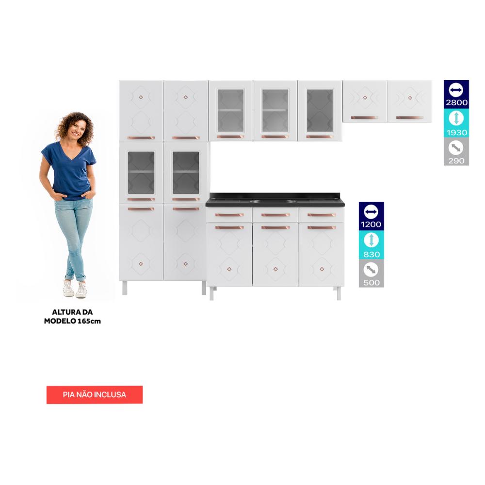 Cozinha Completa Modulada de Aço 4 Peças com Vidros e Gabinete Pia Multimóveis CR20351 Branco