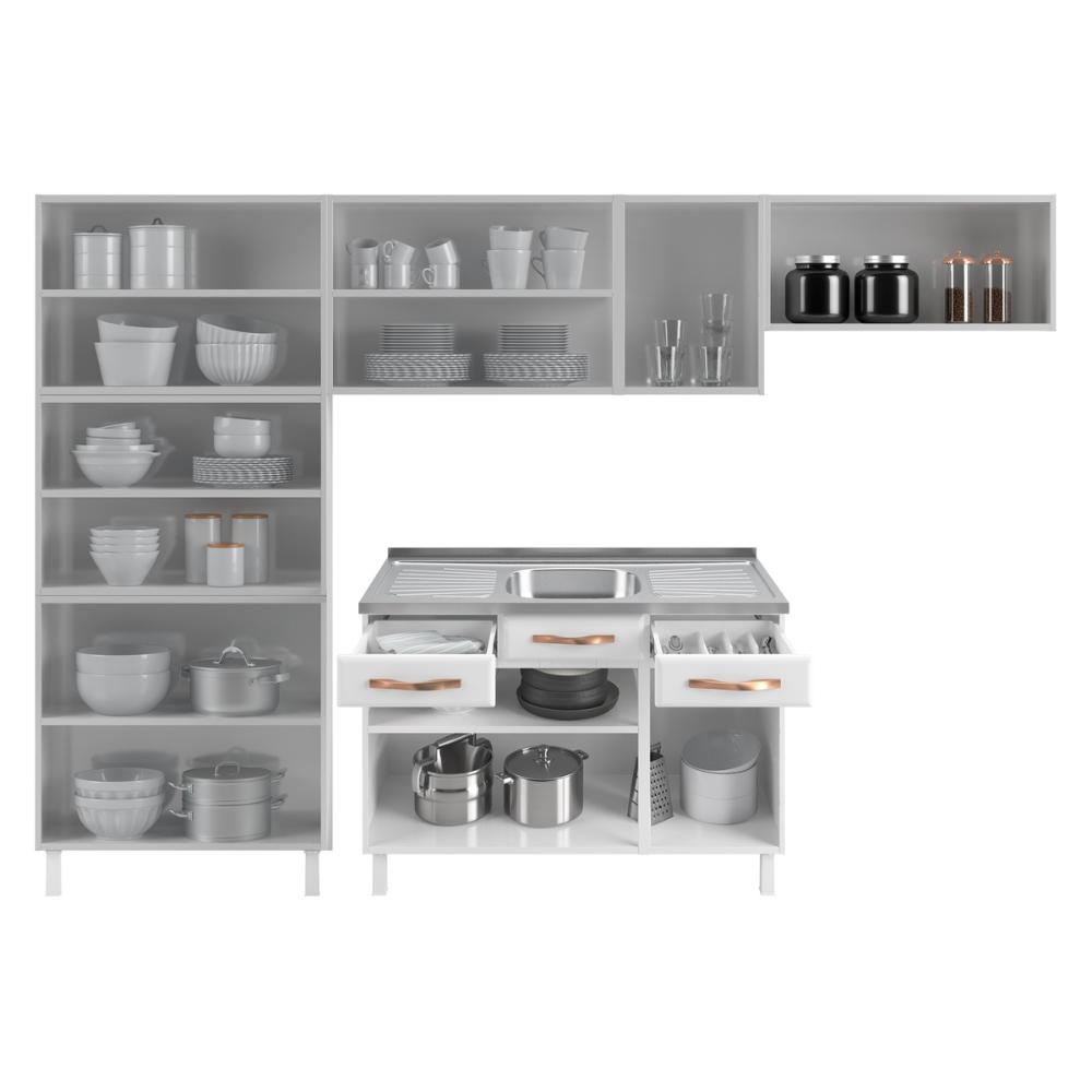 Cozinha Completa Modulada de Aço 4 Peças com Vidros e Gabinete Pia Multimóveis CR20351 Branco