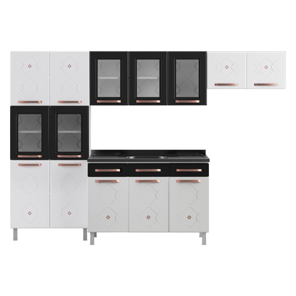 Cozinha Completa Modulada de Aço 4 Peças com Vidros e Gabinete Pia Multimóveis CR20351 Branco/Preto