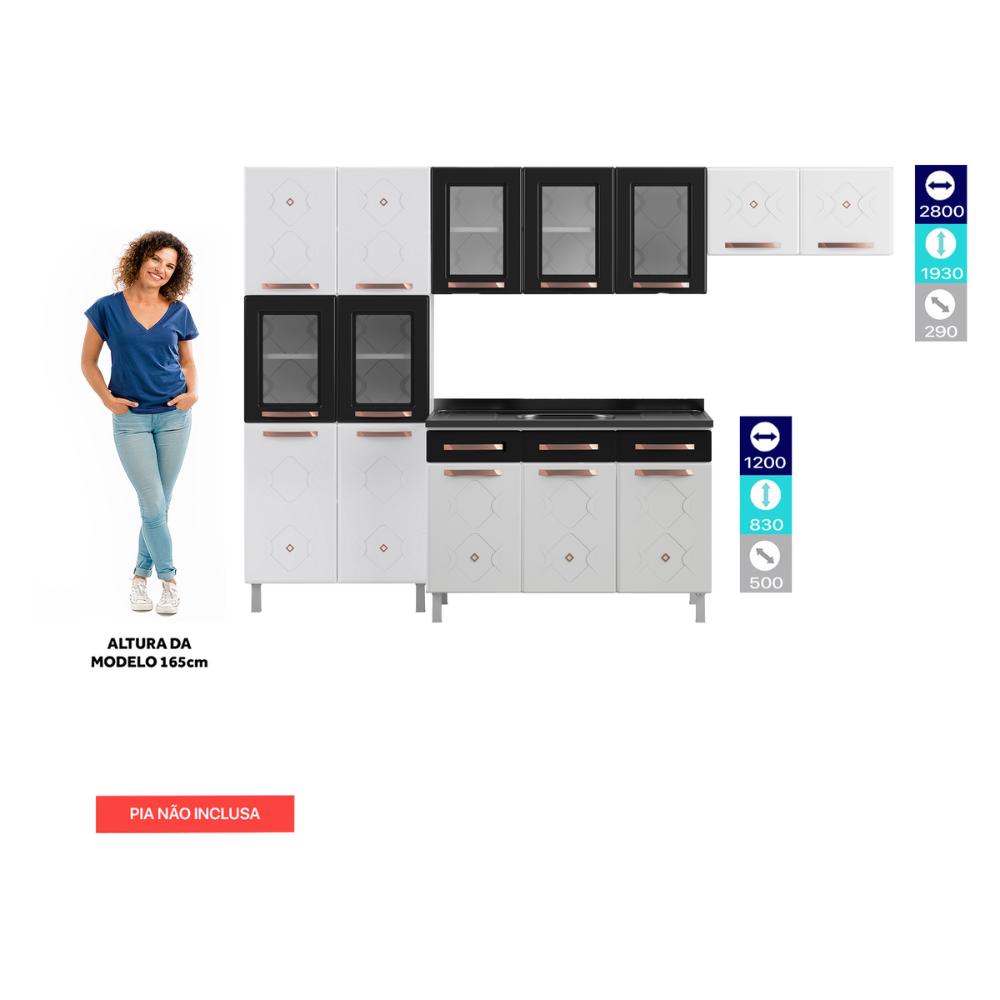 Cozinha Completa Modulada de Aço 4 Peças com Vidros e Gabinete Pia Multimóveis CR20351 Branco/Preto