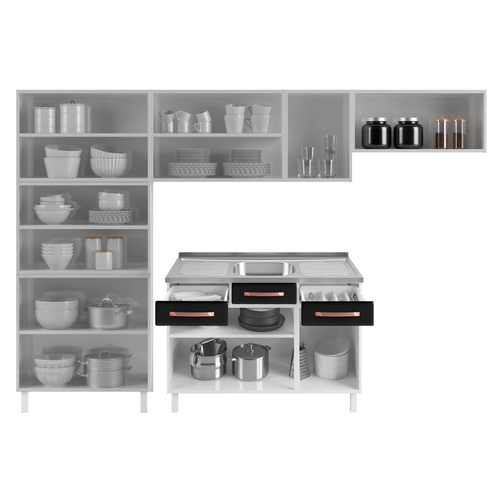 Cozinha Completa Modulada de Aço 4 Peças com Vidros e Gabinete Pia Multimóveis CR20351 Branco/Preto