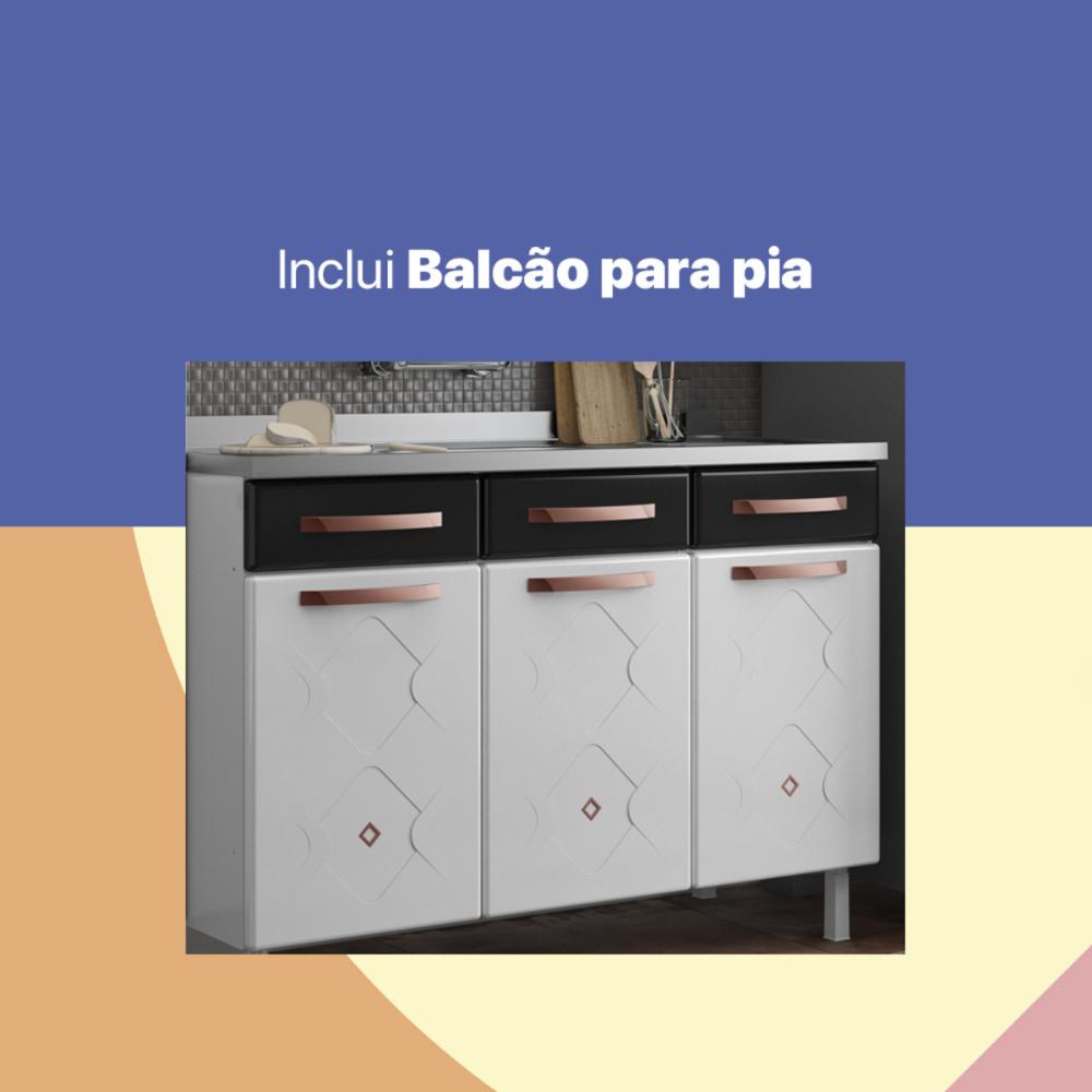 Cozinha Completa Modulada de Aço 4 Peças com Vidros e Gabinete Pia Multimóveis CR20351 Branco/Preto