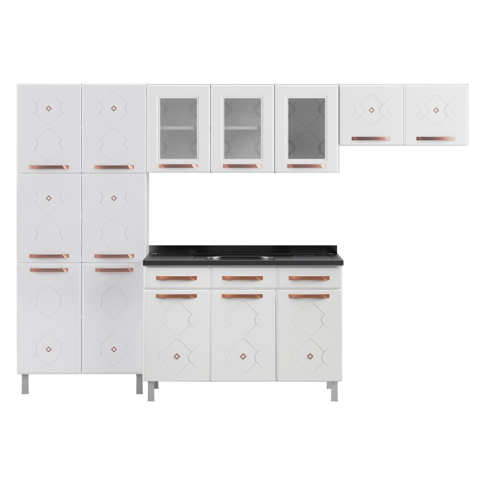 Cozinha Completa Modulada de Aço 4 Peças com Vidros e Gabinete Pia Multimóveis CR20352 Branco