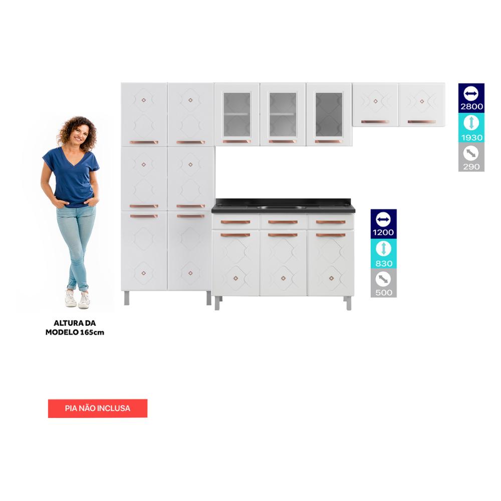 Cozinha Completa Modulada de Aço 4 Peças com Vidros e Gabinete Pia Multimóveis CR20352 Branco