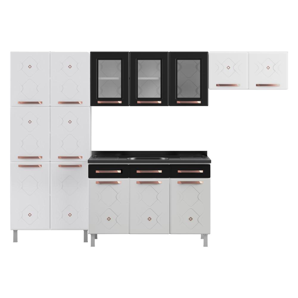 Cozinha Completa Modulada de Aço 4 Peças com Vidros e Gabinete Pia Multimóveis CR20352 Branco/Preto