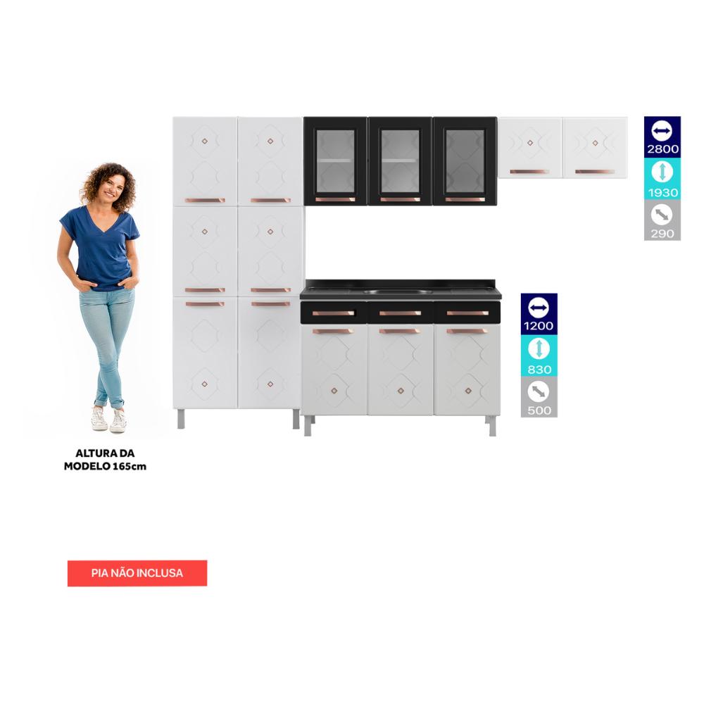 Cozinha Completa Modulada de Aço 4 Peças com Vidros e Gabinete Pia Multimóveis CR20352 Branco/Preto