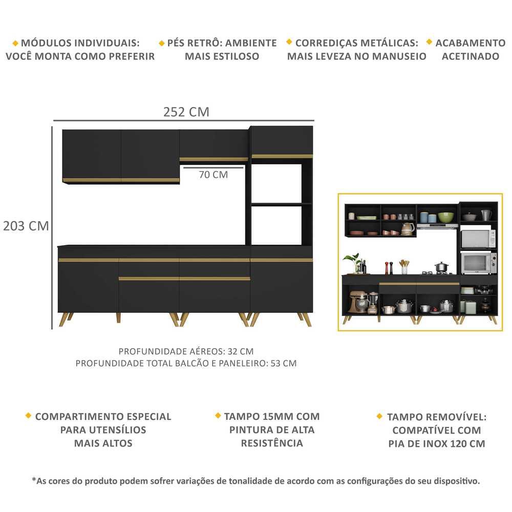 Cozinha Completa Multimóveis Veneza GB FG3713 com Armário e Balcão Preta