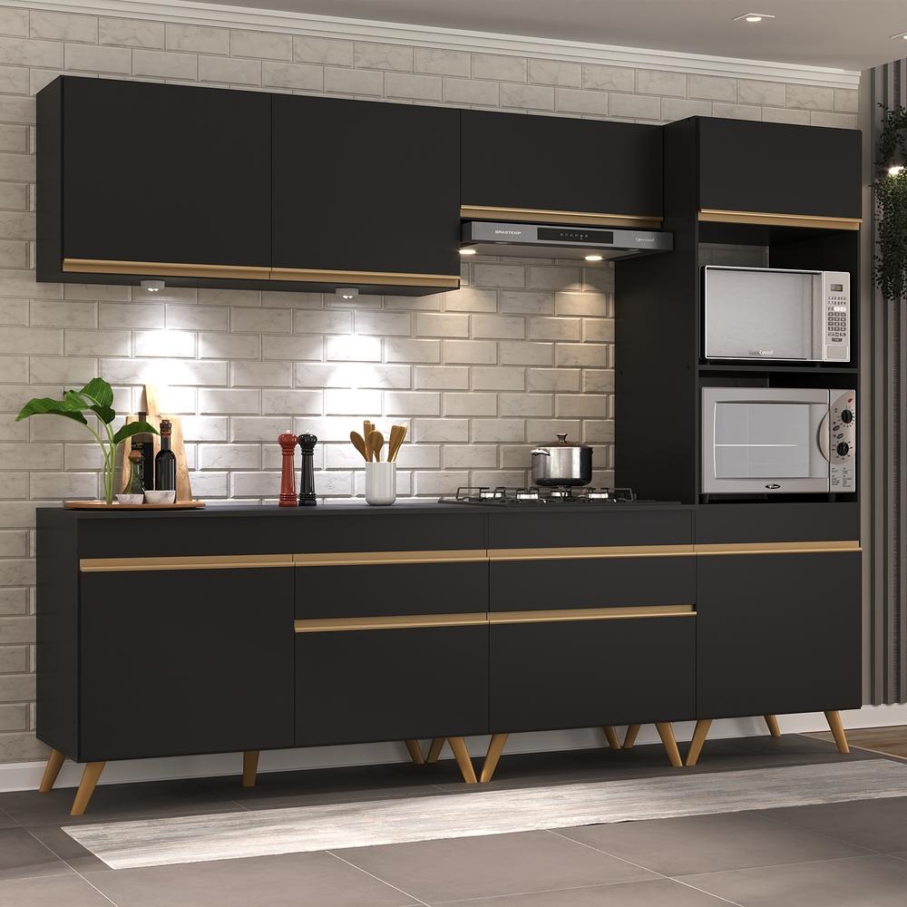 Cozinha Completa Multimóveis Veneza Up FG2035 com Leds Armário e Balcão Preta