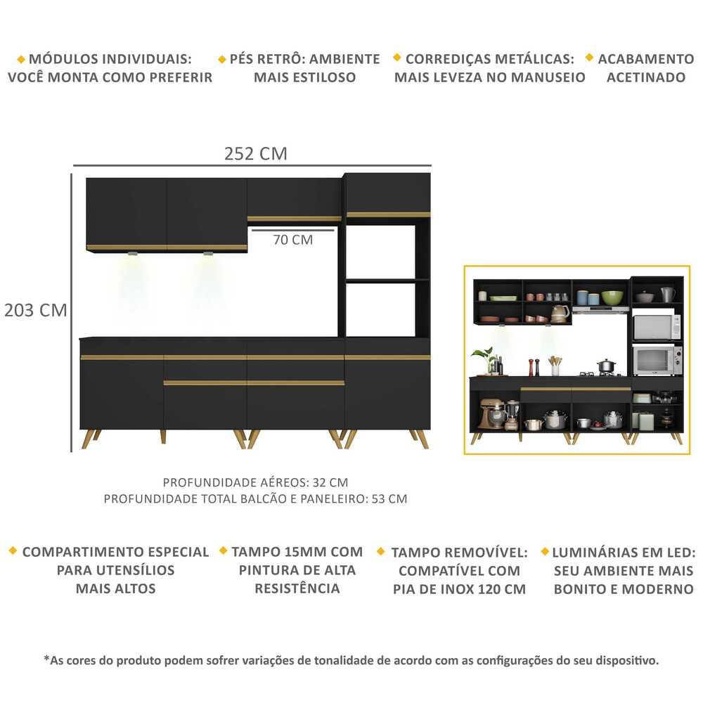 Cozinha Completa Multimóveis Veneza Up FG2035 com Leds Armário e Balcão Preta