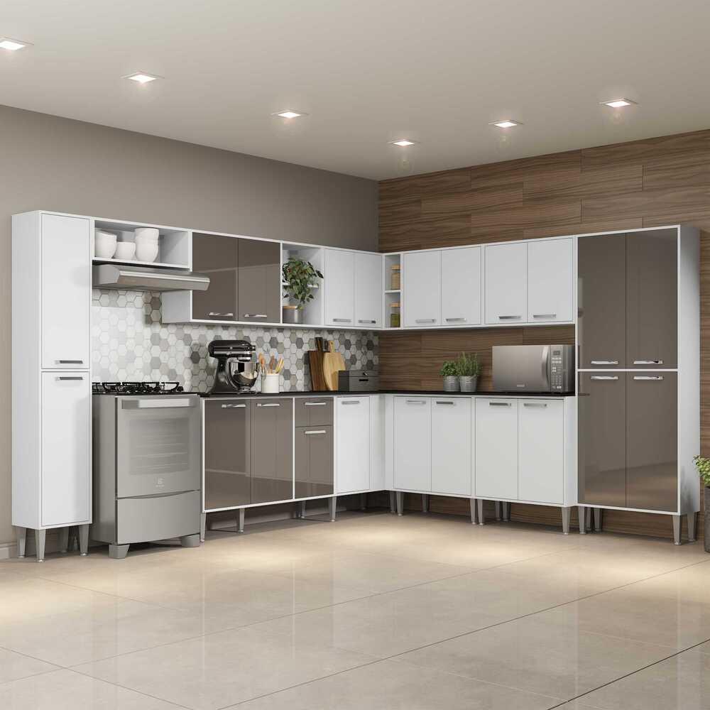 Cozinha Completa Multimóveis Xangai Pop FG3285 com Armário e Balcão Branca/Lacca Fumê