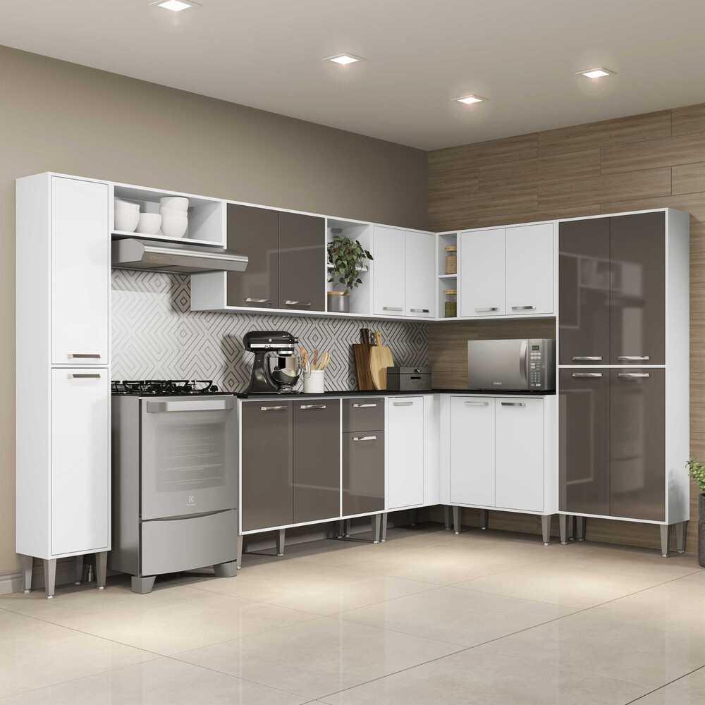 Cozinha Completa Multimóveis Xangai Rock FG3286 com Armário e Balcão Branca/Lacca Fumê