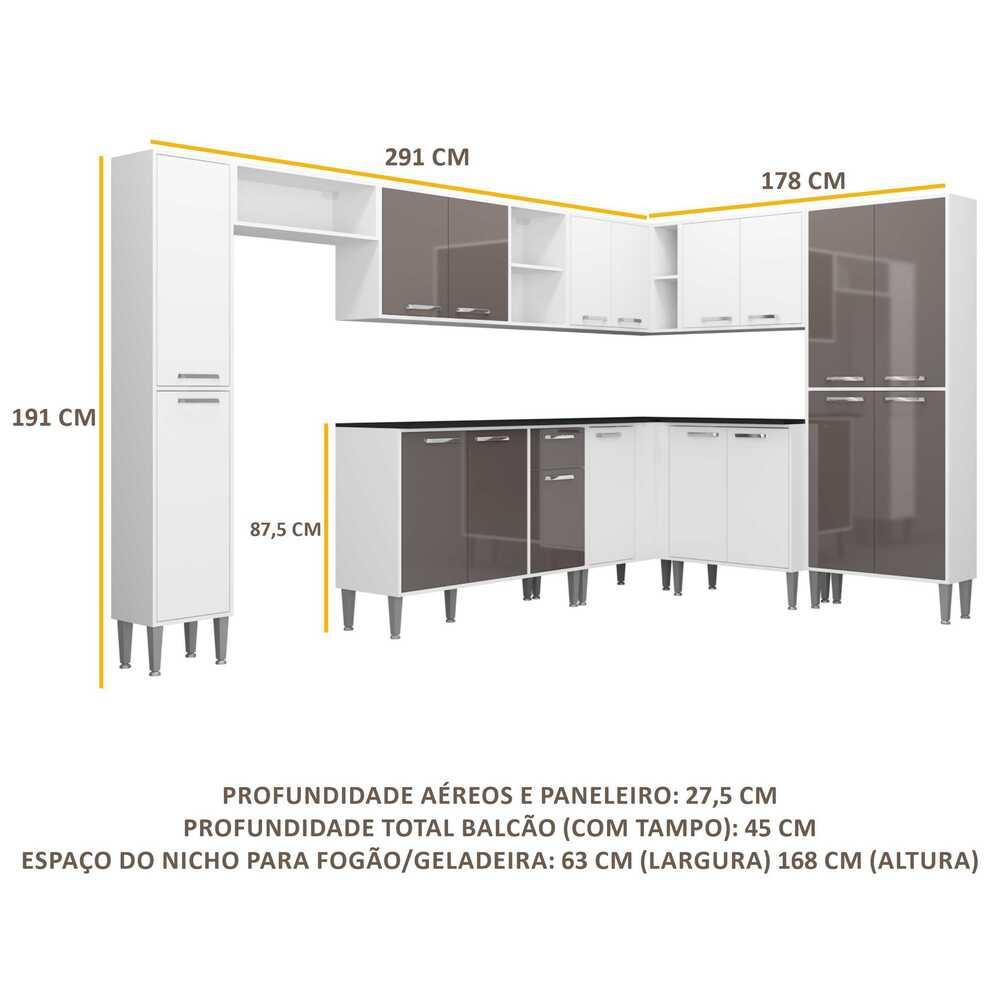Cozinha Completa Multimóveis Xangai Rock FG3286 com Armário e Balcão Branca/Lacca Fumê