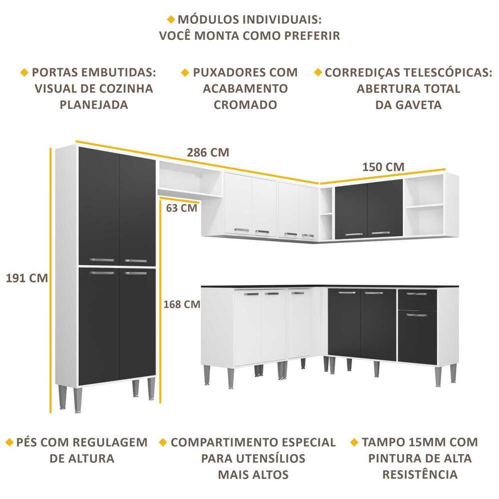 Cozinha Completa Multimóveis Xangai Soul FG3163 com Armário e Balcão Branca/Preta