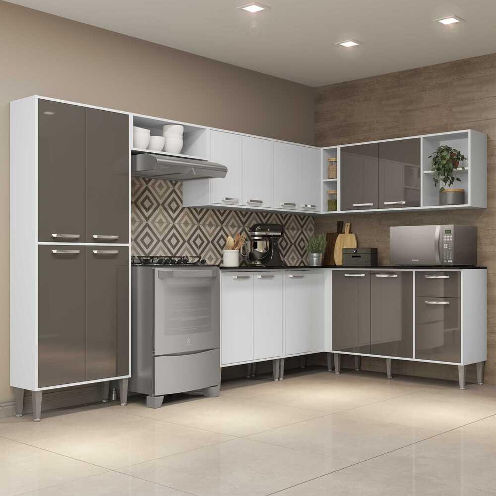 Cozinha Completa Multimóveis Xangai Soul FG3284 com Armário e Balcão Branca/Lacca Fumê
