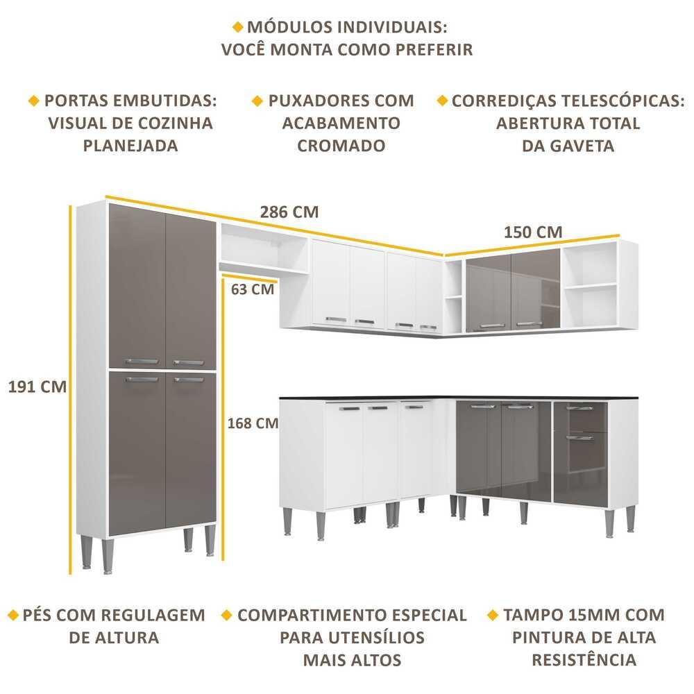 Cozinha Completa Multimóveis Xangai Soul FG3284 com Armário e Balcão Branca/Lacca Fumê