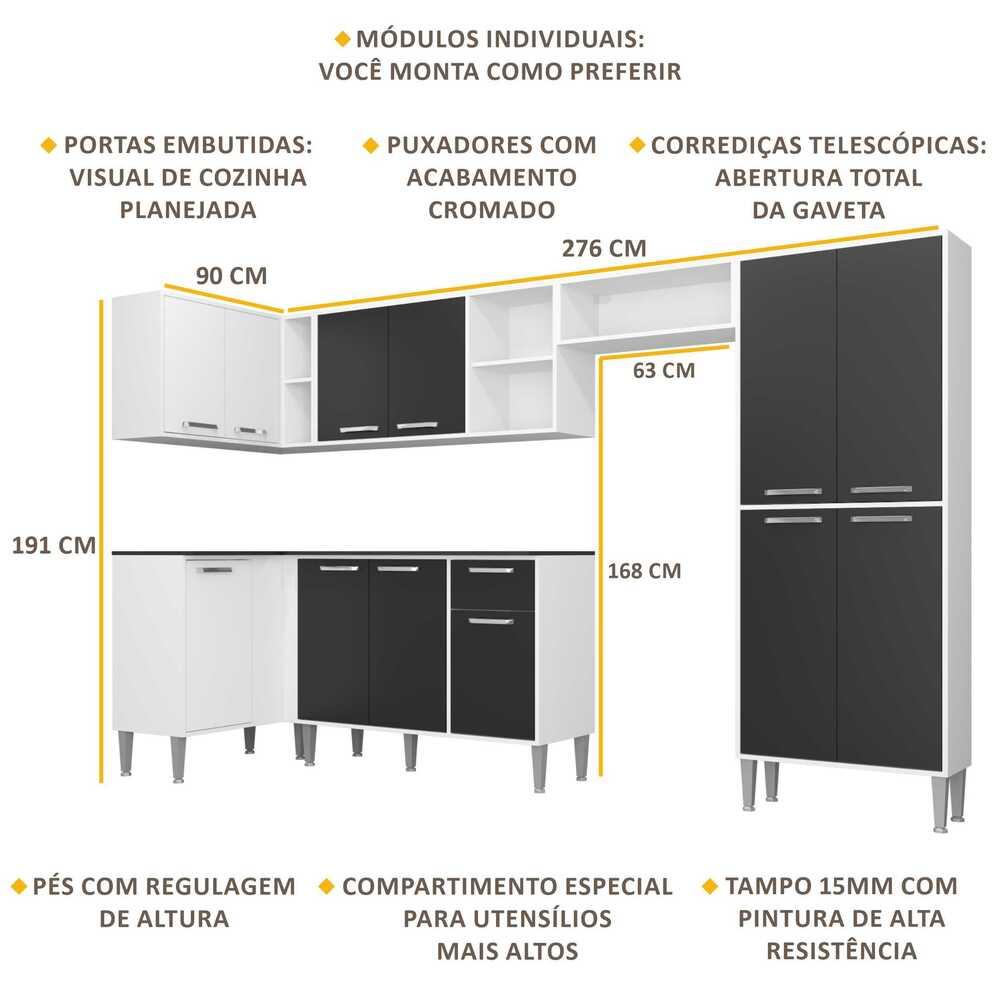 Cozinha Completa Multimóveis Xangai Zouk FG3162 com Armário e Balcão Branca/Preta