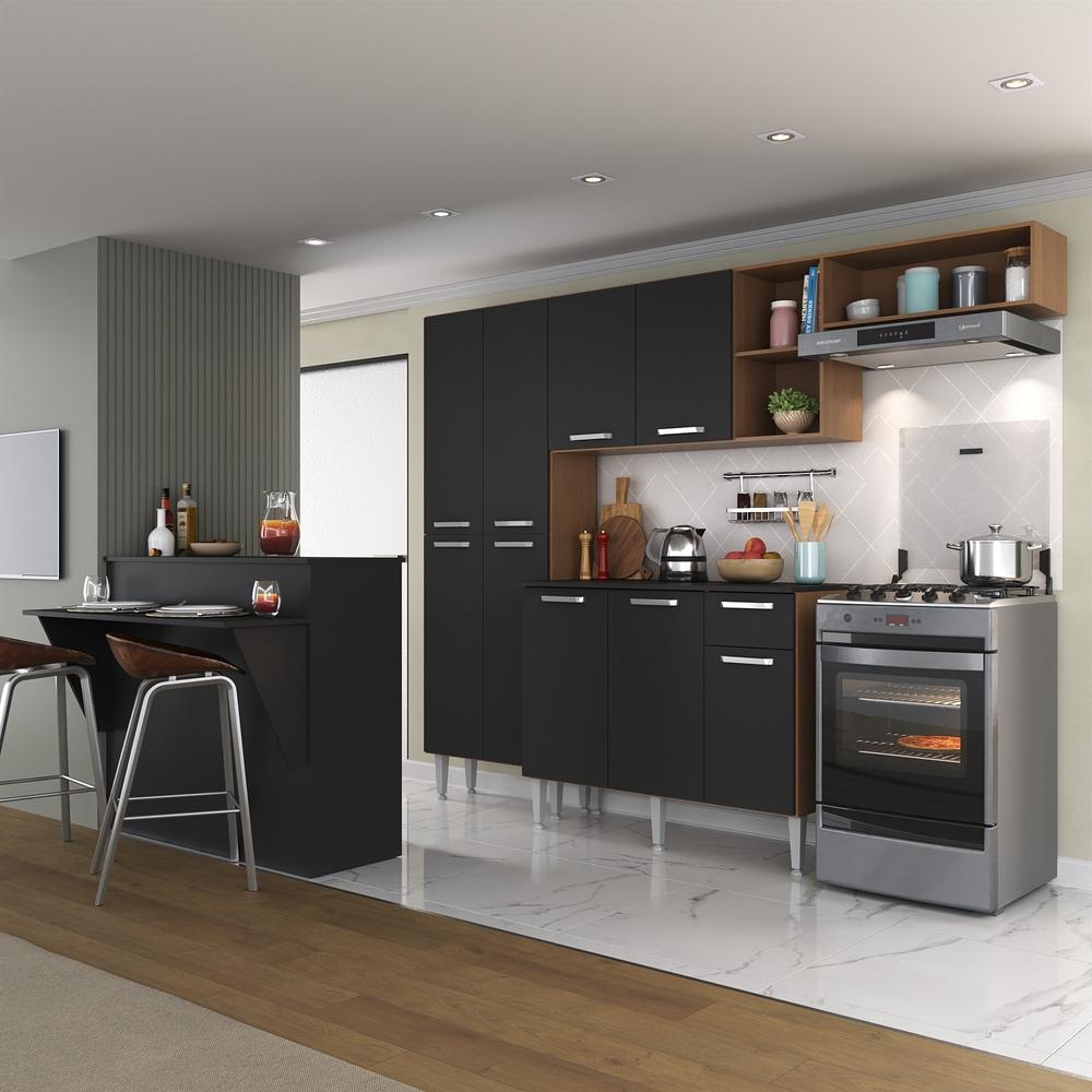 Cozinha Completa c/ Bancada Paris Multimóveis MP2044 Madeirada/Preta