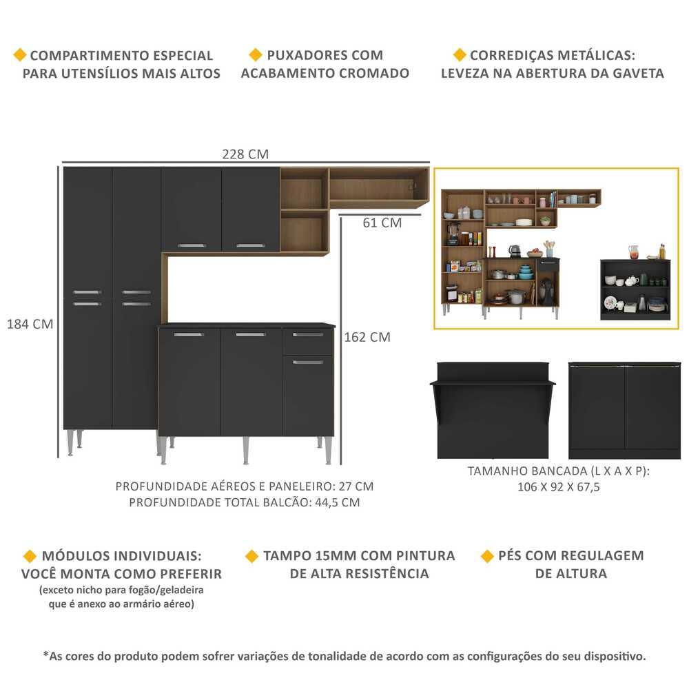 Cozinha Completa c/ Bancada Paris Multimóveis MP2044 Madeirada/Preta