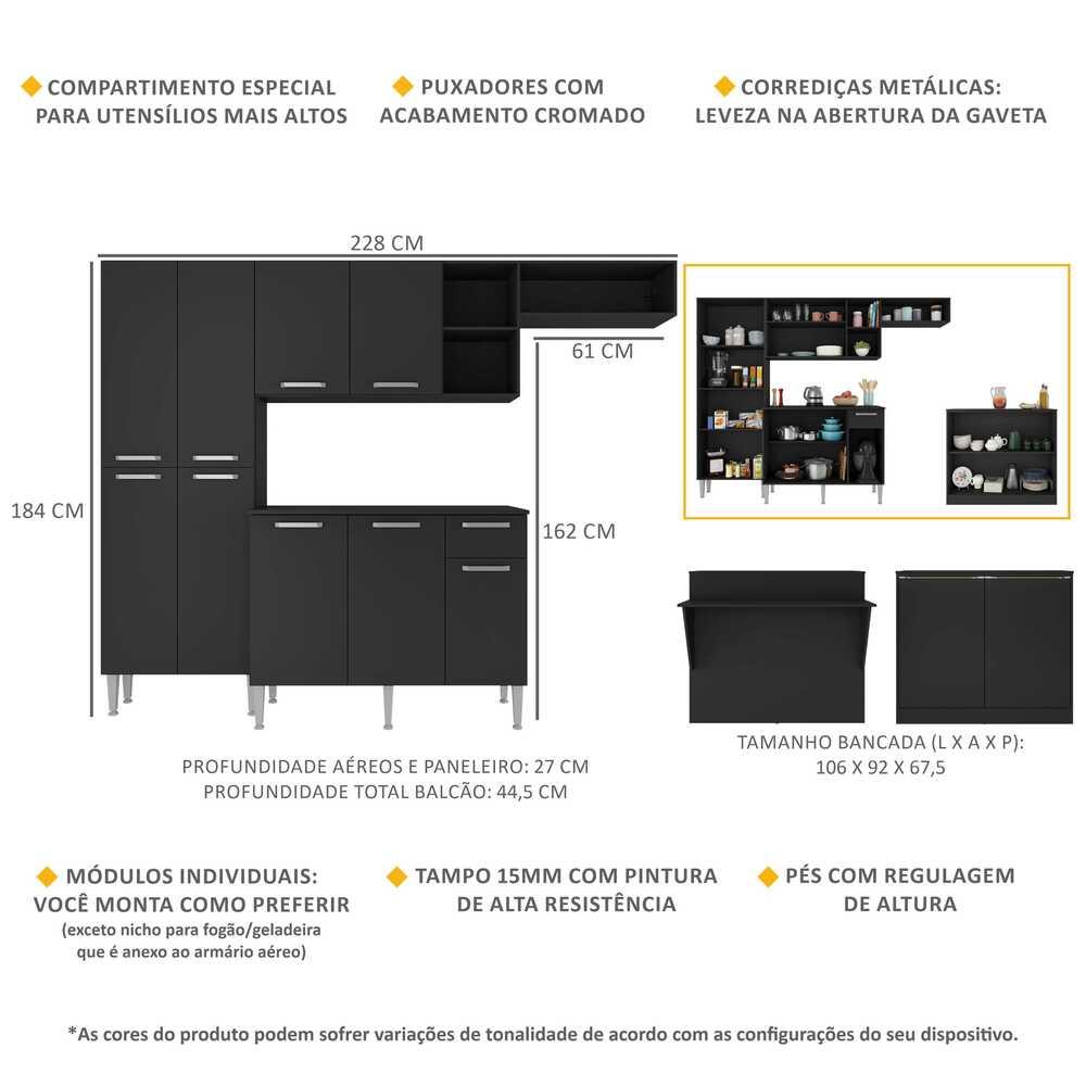 Cozinha Completa c/ Bancada Paris Multimóveis MP2044 Preta