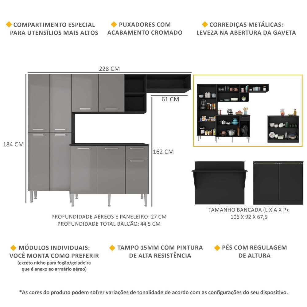Cozinha Completa c/ Bancada Paris Multimóveis MP2044 Preta/Lacca Fumê