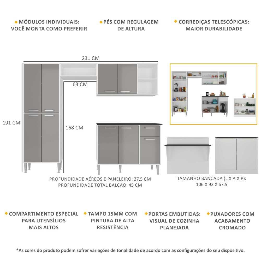 Cozinha Completa c/ Bancada Siena Multimóveis MP2040 Branca/Lacca Fumê