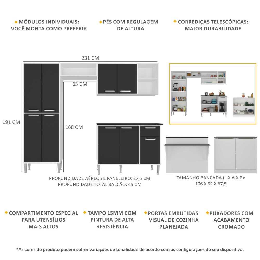 Cozinha Completa c/ Bancada Siena Multimóveis MP2040 Branca/Preta