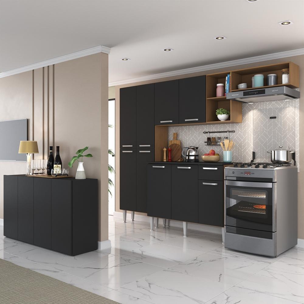 Cozinha Completa c/ Buffet/Aparador Paris Multimóveis MP2043 Madeirada/Preta
