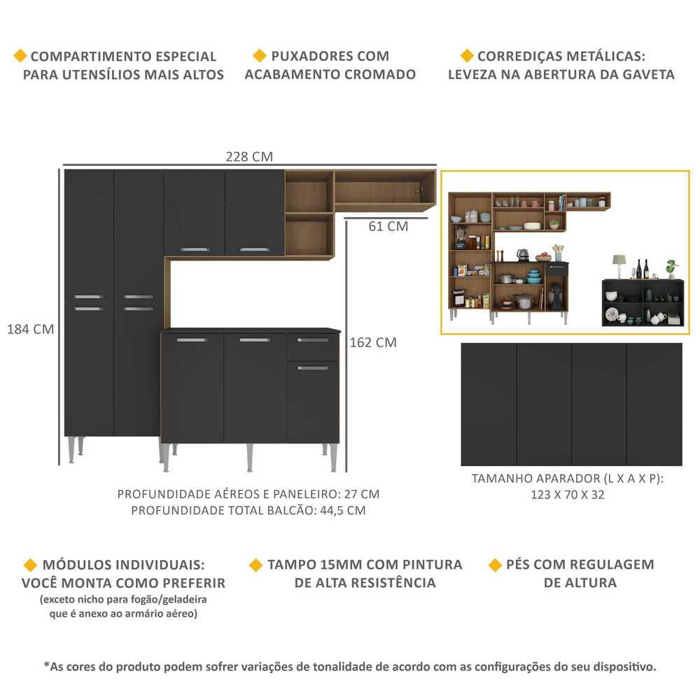 Cozinha Completa c/ Buffet/Aparador Paris Multimóveis MP2043 Madeirada/Preta