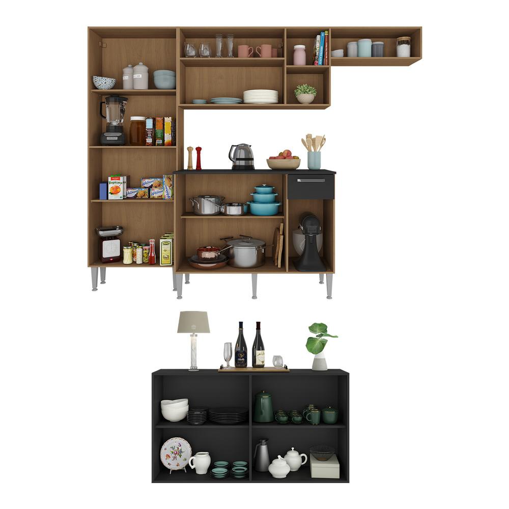 Cozinha Completa c/ Buffet/Aparador Paris Multimóveis MP2043 Madeirada/Preta