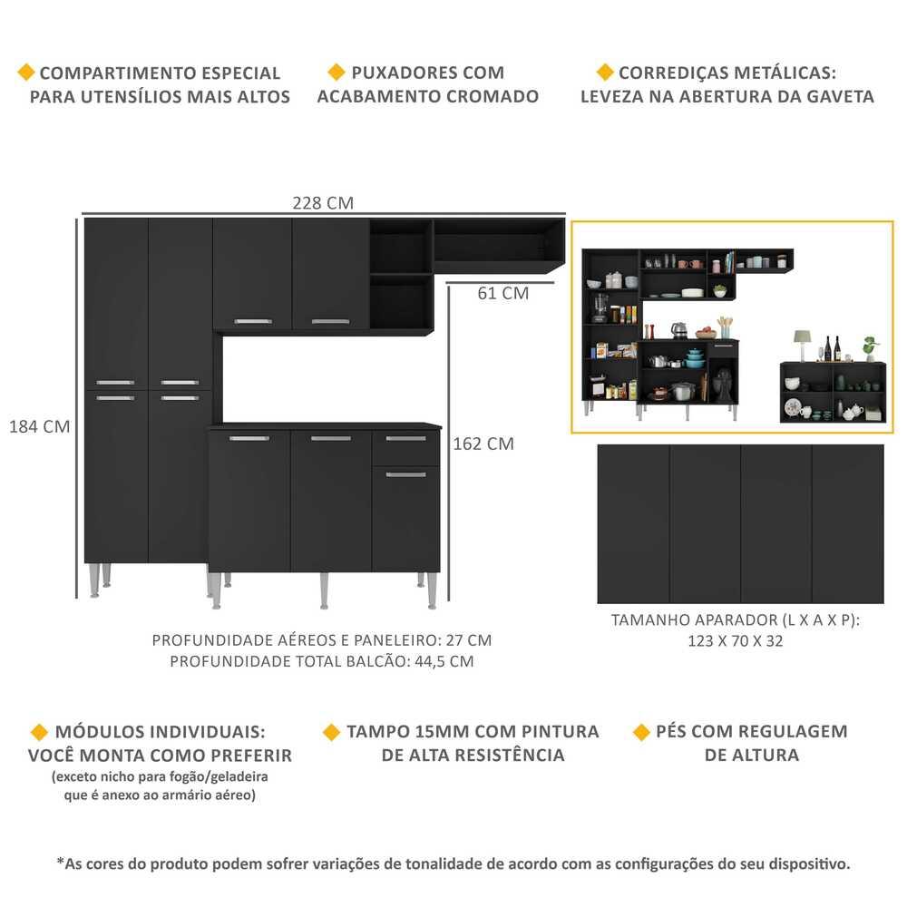 Cozinha Completa c/ Buffet/Aparador Paris Multimóveis MP2043 Preta