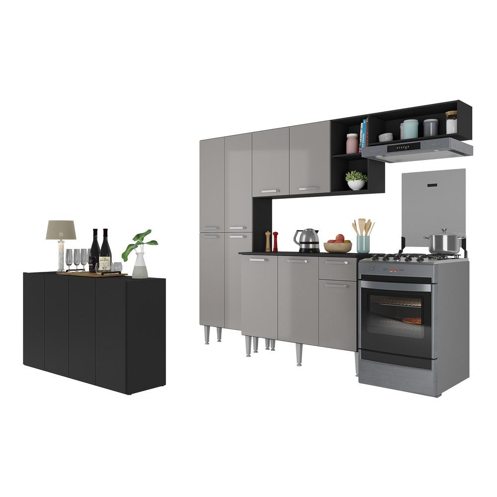 Cozinha Completa c/ Buffet/Aparador Paris Multimóveis MP2043 Preta/Lacca Fumê