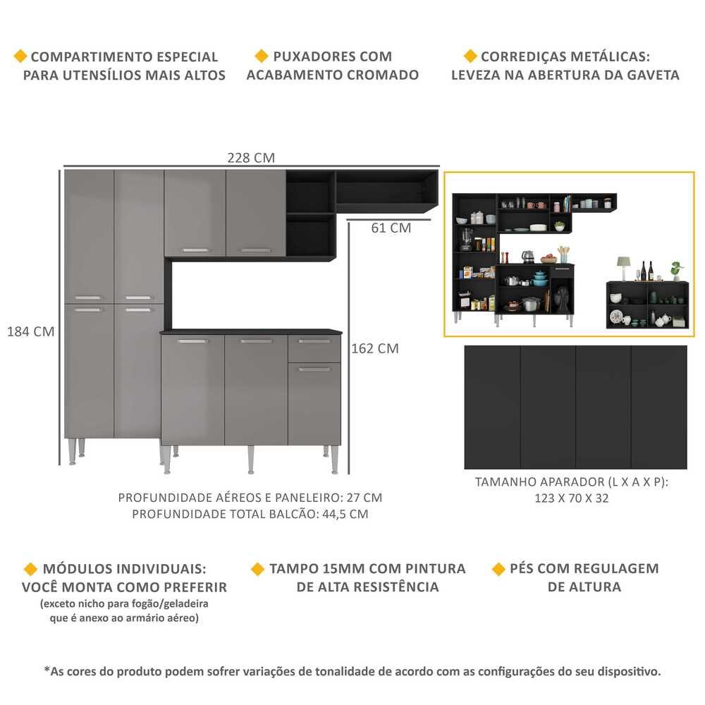 Cozinha Completa c/ Buffet/Aparador Paris Multimóveis MP2043 Preta/Lacca Fumê
