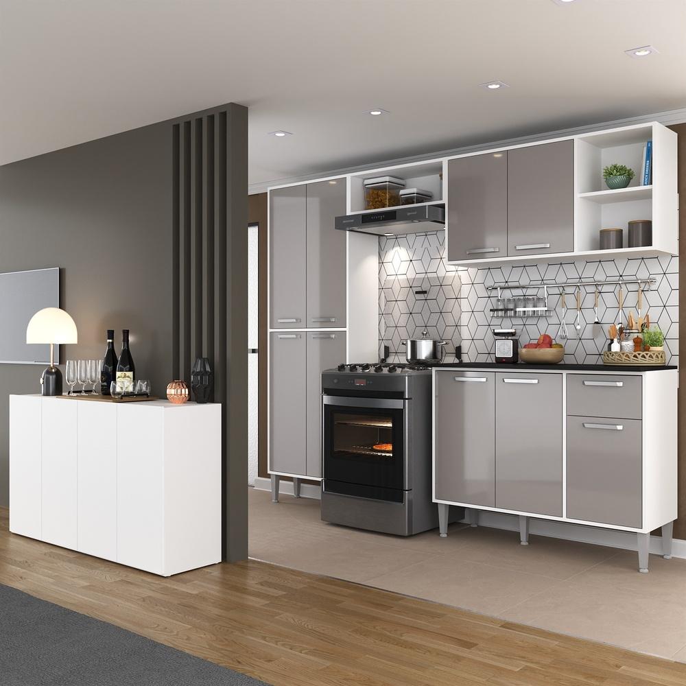 Cozinha Completa c/ Buffet/Aparador Siena Multimóveis MP2041 Branca/Lacca Fumê