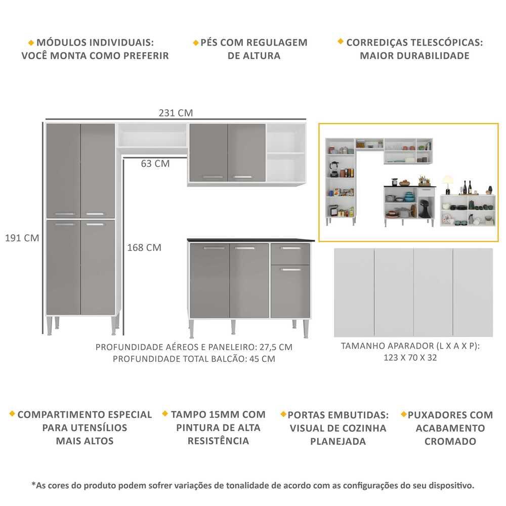 Cozinha Completa c/ Buffet/Aparador Siena Multimóveis MP2041 Branca/Lacca Fumê
