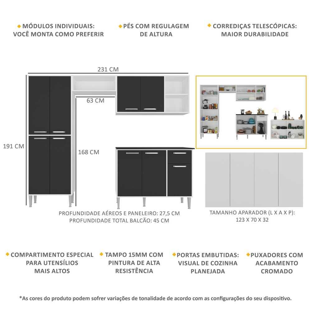 Cozinha Completa c/ Buffet/Aparador Siena Multimóveis MP2041 Branca/Preta