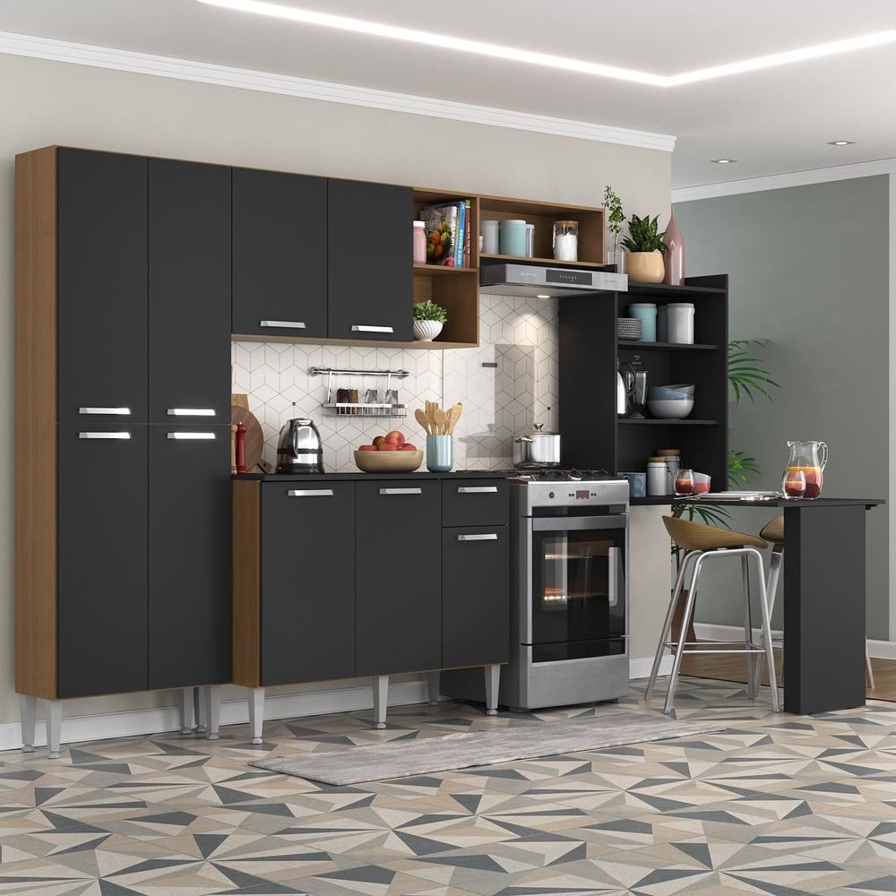 Cozinha Completa c/ Mesa Dobrável Paris Multimóveis MP2042 Madeirada/Preta