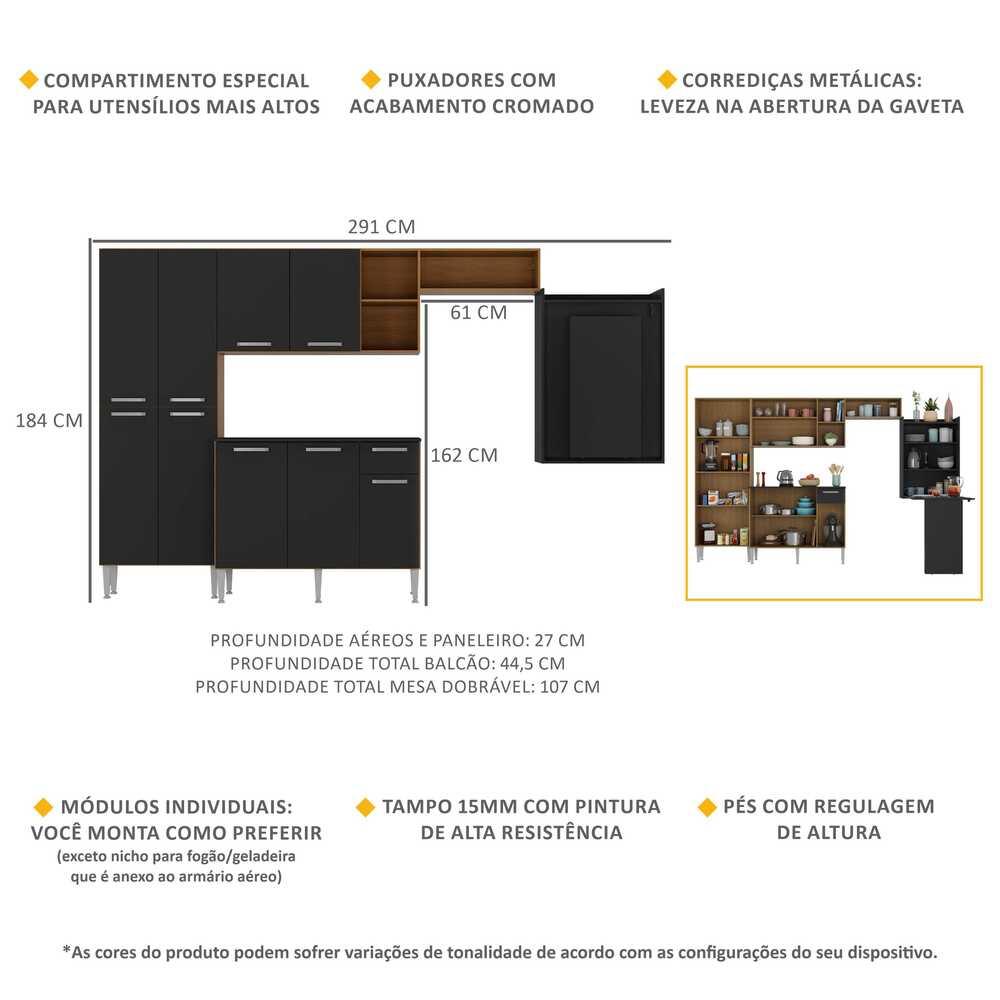 Cozinha Completa c/ Mesa Dobrável Paris Multimóveis MP2042 Madeirada/Preta
