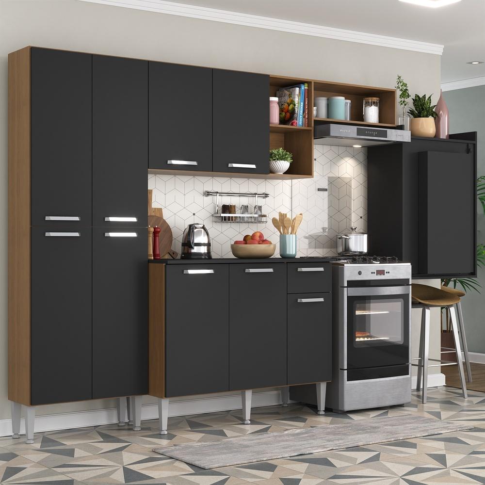 Cozinha Completa c/ Mesa Dobrável Paris Multimóveis MP2042 Madeirada/Preta