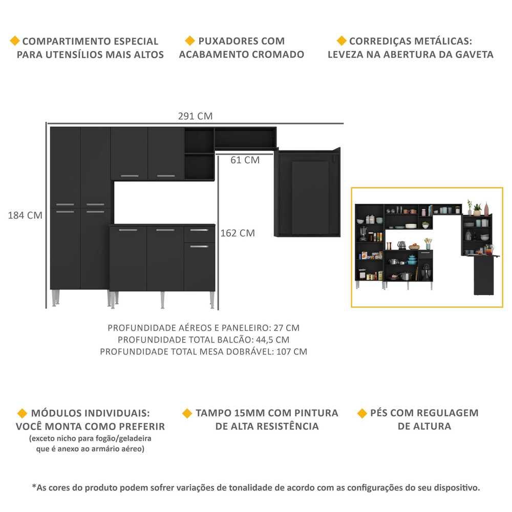 Cozinha Completa c/ Mesa Dobrável Paris Multimóveis MP2042 Preta
