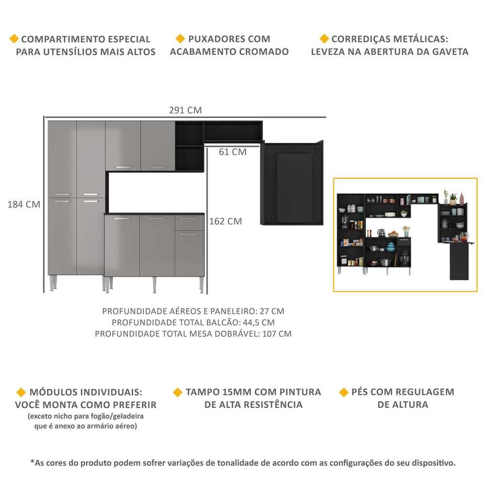 Cozinha Completa c/ Mesa Dobrável Paris Multimóveis MP2042 Preta/Lacca Fumê