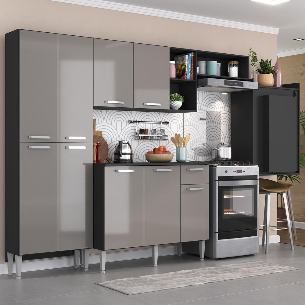 Cozinha Completa c/ Mesa Dobrável Paris Multimóveis MP2042 Preta/Lacca Fumê
