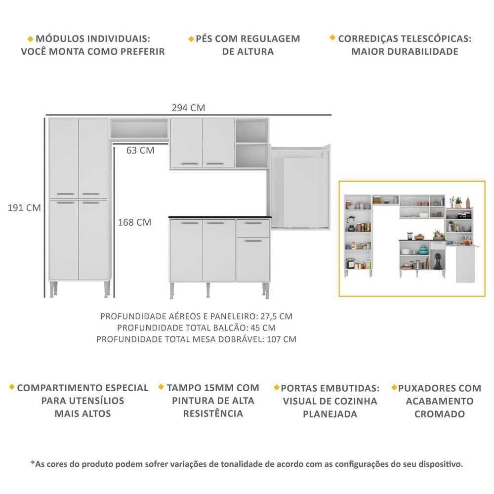 Cozinha Completa c/ Mesa Dobrável Siena Multimóveis MP2039 Branca