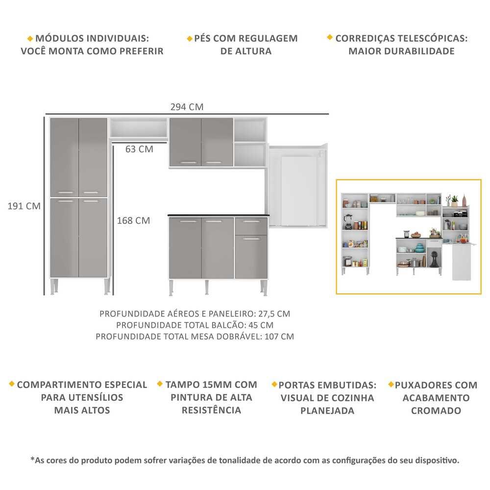 Cozinha Completa c/ Mesa Dobrável Siena Multimóveis MP2039 Branca/Lacca Fumê