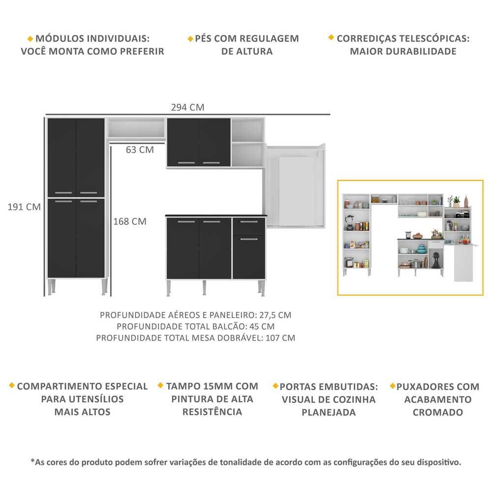 Cozinha Completa c/ Mesa Dobrável Siena Multimóveis MP2039 Branca/Preta