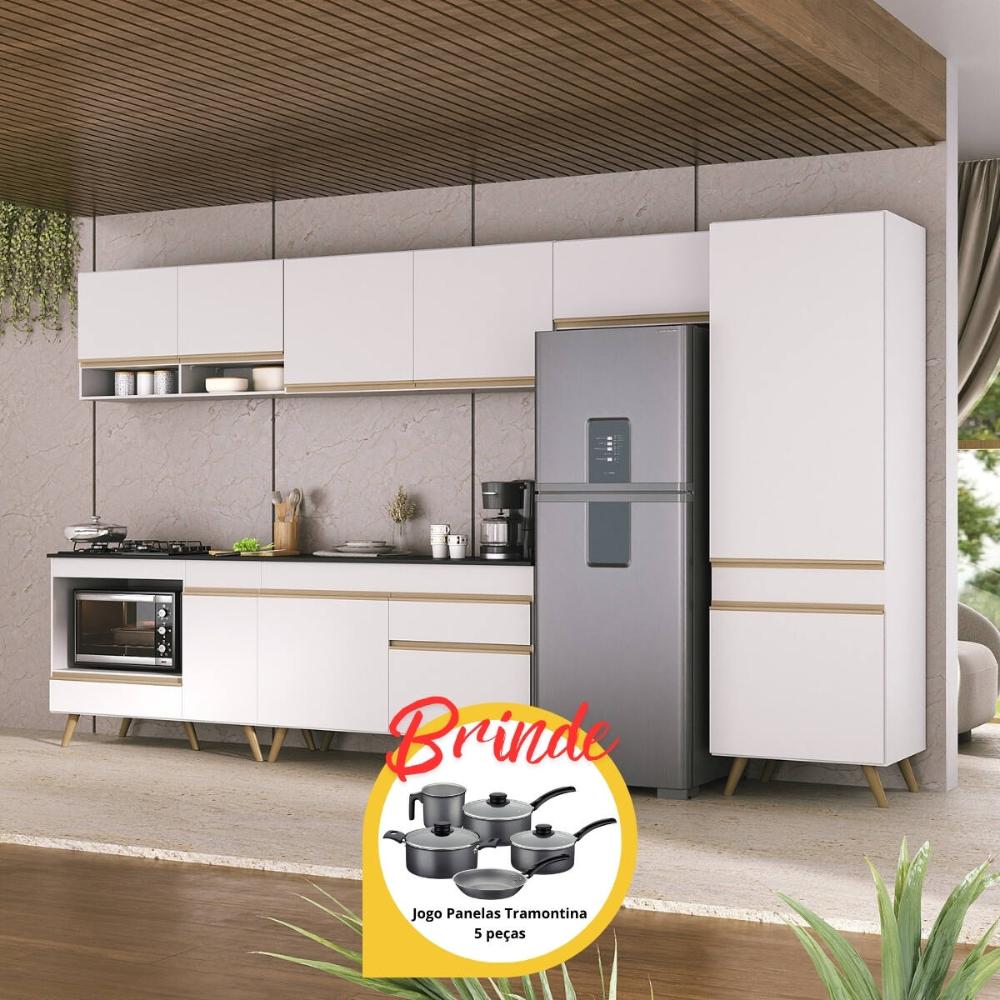 Cozinha Completa c/Balcão para Cooktop Veneza MP2277 Multimóveis + Brinde Jogo de Panelas Tramontina Branco/Dourado