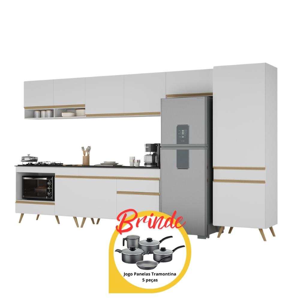 Cozinha Completa c/Balcão para Cooktop Veneza MP2277 Multimóveis + Brinde Jogo de Panelas Tramontina Branco/Dourado
