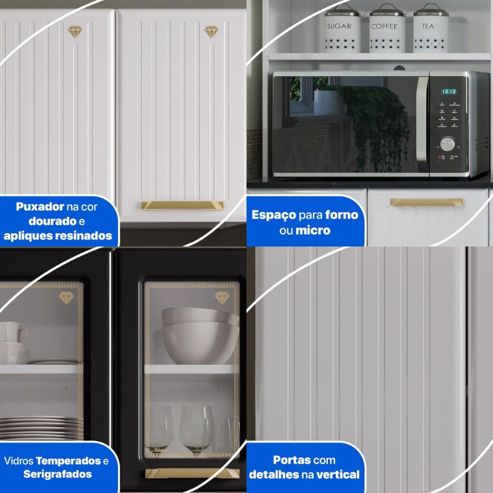 Cozinha Completa de Aço 4 Peças Armário para Forno/Micro e Balcão Multimóveis CR20371 Branco/Preto