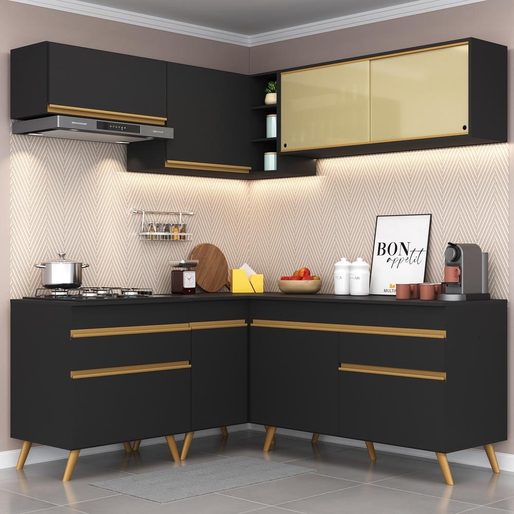 Cozinha Completa de Canto Veneza GB Multimóveis MP2062 com Armário e Balcão Preta