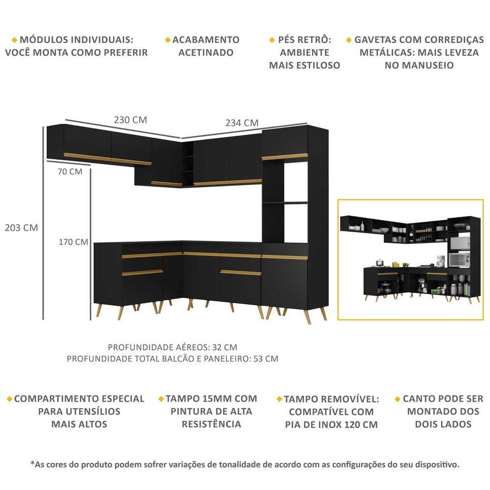 Cozinha Completa de Canto Veneza GB Multimóveis MP2070 com Armário e Balcão Preta